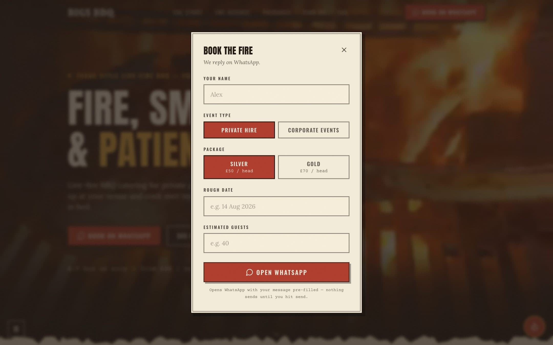 The Big's BBQ online ordering site with its menu