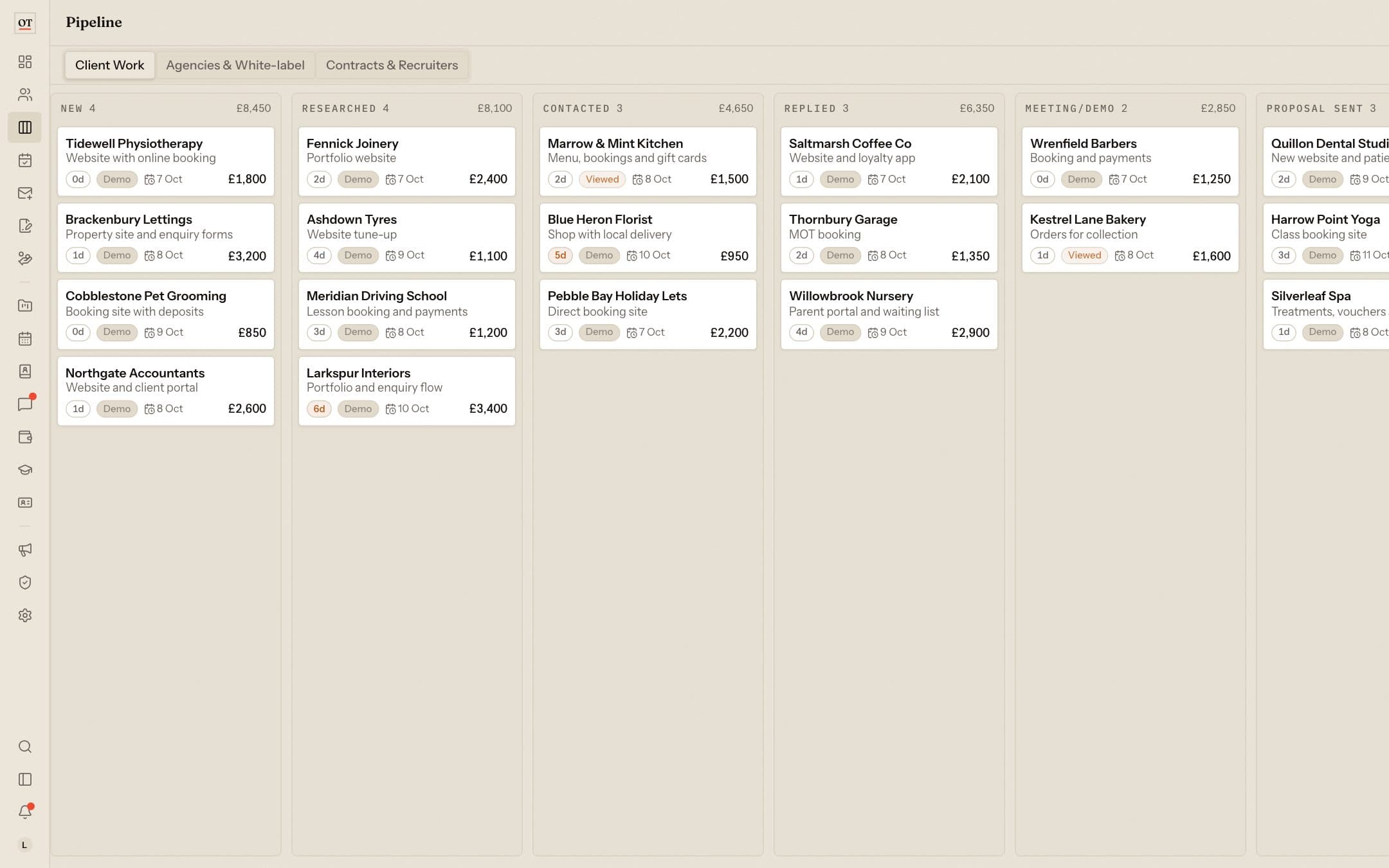 The Casework pipeline board, shown with sample leads, from New and Researched through to Proposal Sent