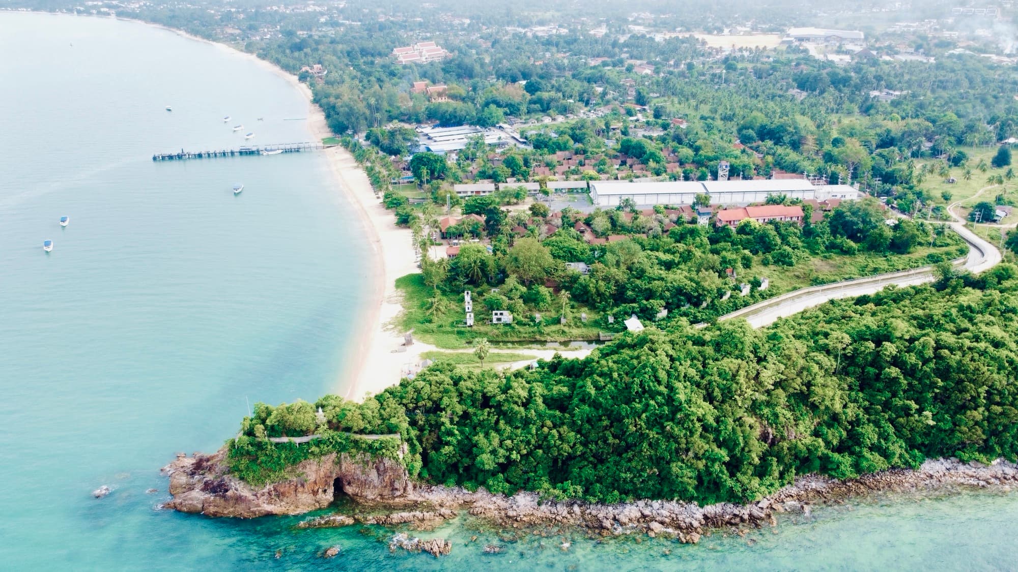 A wooded headland and beach photographed from the air