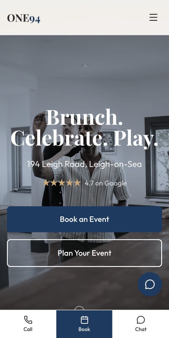 The ONE94 website homepage, showing the Leigh-on-Sea venue's booking and events platform
