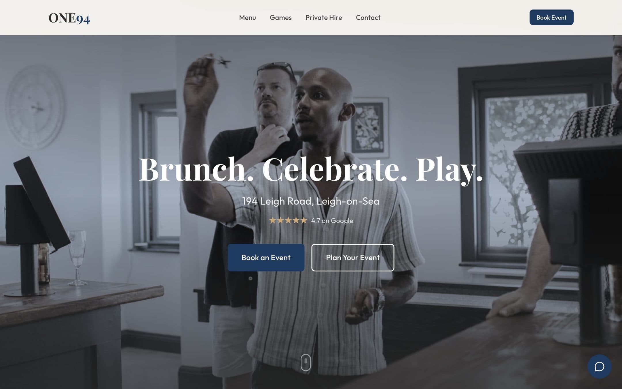 The ONE94 website homepage, showing the Leigh-on-Sea venue's booking and events platform